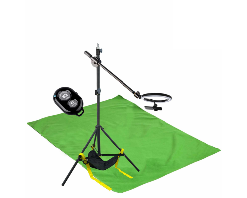 Комплект JKL26-F152КU для горизонтальной съемки: напольная стойка JBH с кольцевой лампой 26 см, мешок для противовеса, фотофон 1.5х2 м и кнопка Bluetooth