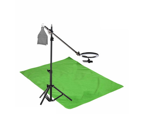 Комплект JKL26-F152 для горизонтальной съемки: напольная стойка JBH с кольцевой лампой 26 см, крючок для противовеса и фон тканевый 1.5х2 м
