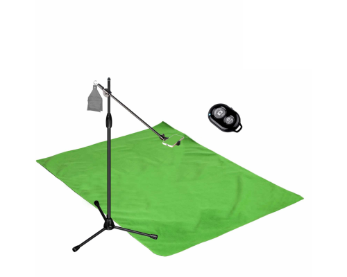 Комплект MLKDT-F152K для горизонтальной съемки сверху: напольный штатив ML с крючком для противовеса, держатель для телефона до 85 мм, фон 1.5х2м и кнопка Bluetooth