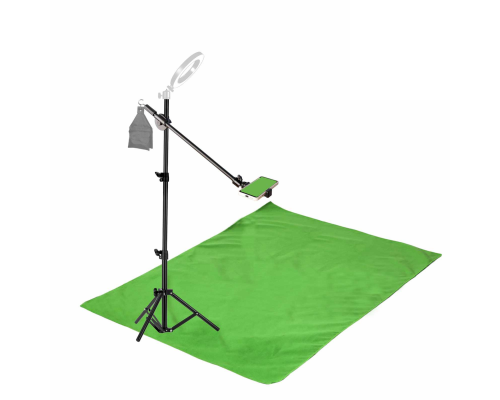 Комплект JKLDT-F152 для горизонтальной съемки сверху: напольная стойка JBH с крючком для противовеса, держатель для телефона до 85 мм и фон 1.5х2 м