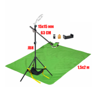 Комплект JKLDT-F152U для горизонтальной съемки сверху: напольная стойка JBH с мешком для противовеса, держатель для телефона до 85 мм и фон 1.5х2 м