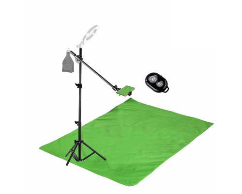 Комплект JKDT-F152K для горизонтальной съемки сверху: напольная стойка JBH с крючком для противовеса, держатель для телефона до 85 мм, фон 1.5х2 м и кнопка Bluetooth