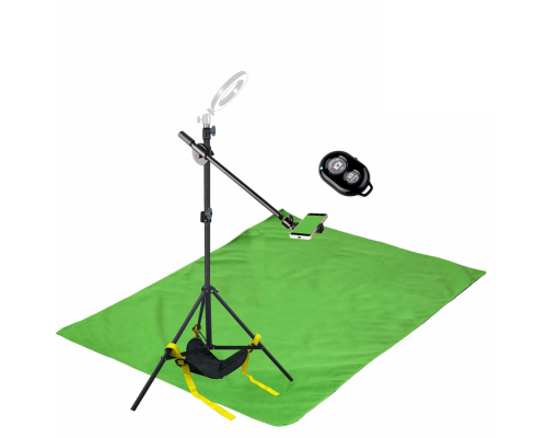 Комплект JKDT-F152KU для горизонтальной съемки сверху: напольная стойка JBH с мешком для противовеса, держатель для телефона до 85 мм, фон 1.5х2 м и кнопка Bluetooth