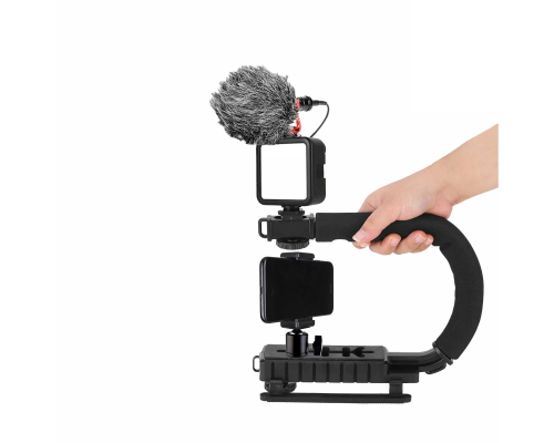 Ручной стабилизатор RS-OA.DT.M для камеры, ручка-держатель с зажимом для телефона, осветителем на аккумуляторе и микрофоном пушкой