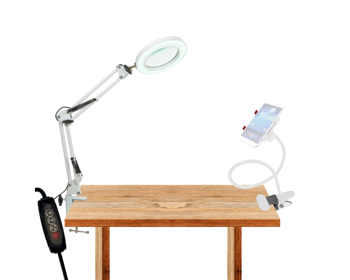 Комплект для съемки: белая лампа лупа LN-22WD на усиленной струбцине с держателем для телефона на гибкой основе