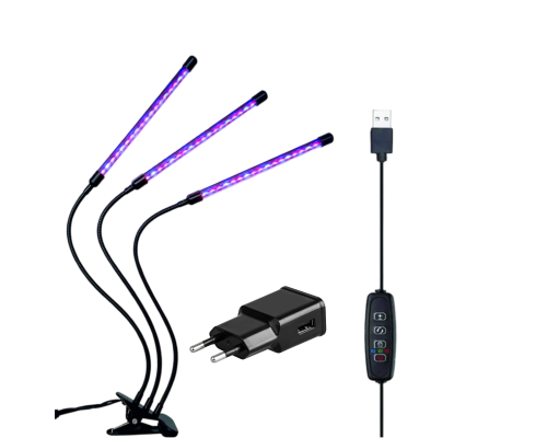 Фитолампа для растений светодиодная из 3 панелей с регулируемым зажимом и адаптером питания