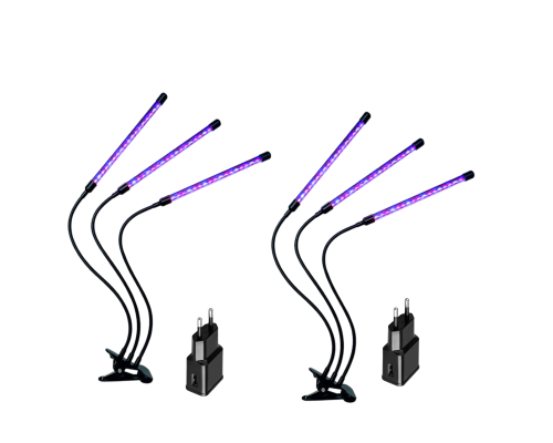 Фитолампа для растений светодиодная из 3 панелей с регулируемым зажимом и адаптером питания, 2 шт
