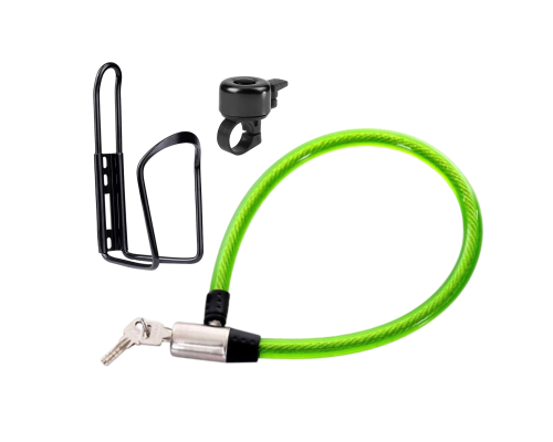 Велонабор VS-VZMFZV: замок с металлической головкой, флягодержатель и звонок для велосипеда