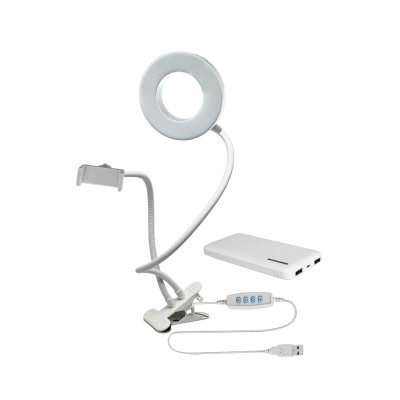 Кольцевая лампа белая RLW9-PB с гибким креплением для телефона на прищепке с внешним аккумулятором