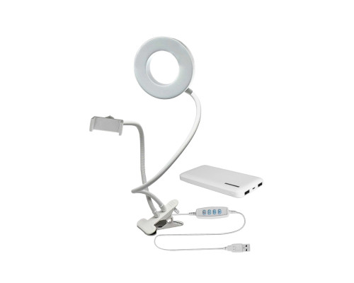Кольцевая лампа белая RLW9-PB с гибким креплением для телефона на прищепке с внешним аккумулятором