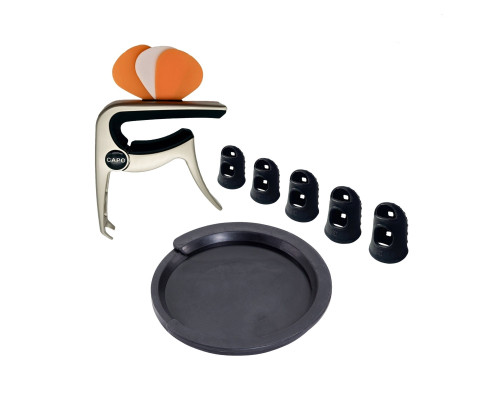 Каподастр, сурдина и напальчники силиконовые черные для игры на гитаре, размер XXS, XS, S, M, L, 5 шт