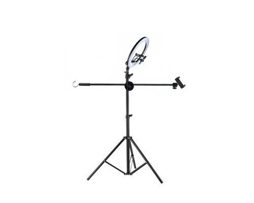 Напольный усиленный штатив LS-63K-DT с кольцевой led лампой 54 см, крючком для противовеса и 3 держателями телефона для горизонтальной съемки