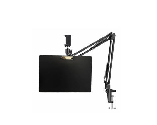 Усиленная стойка пантограф ST-DK-A3G с держателем для телефона на шарнире и горизонтальным планшетом A3 с зажимом, на усиленной струбцине
