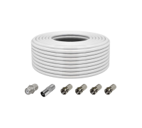Коаксиальный кабель RG-6 5 м (75 Ом) с комплектом переходников: соединитель кабеля (бочка), F-коннектор (гайка) – 4 шт, штекер TV