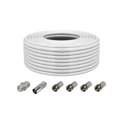 Коаксиальный кабель RG-6 5 м (75 Ом) с комплектом переходников: соединитель кабеля (бочка), F-коннектор (гайка) – 4 шт, штекер TV