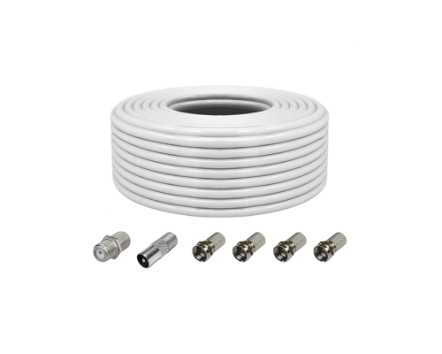 Коаксиальный кабель RG-6 5 м (75 Ом) с комплектом переходников: соединитель кабеля (бочка), F-коннектор (гайка) – 4 шт, штекер TV