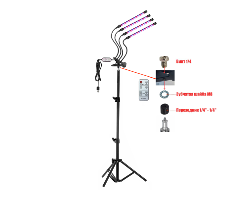 Фитолампа FL4-PR-JBH, 4 панели, для растений на прищепке и на штативе с пультом ДУ