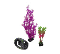 Декор для аквариума, растения искусственные людвигия ярко-розовая и альтернантера розовая, бочка грот для рыб и рептилий