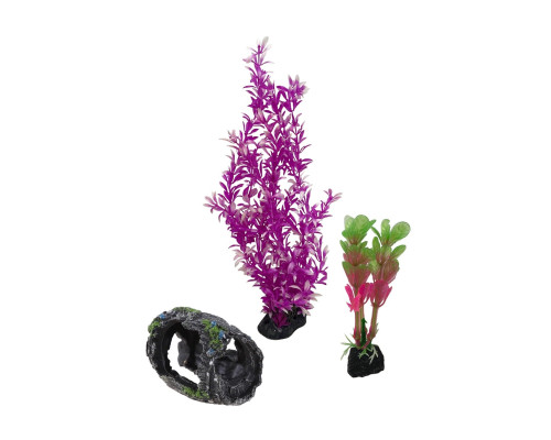 Декор для аквариума, растения искусственные людвигия ярко-розовая и альтернантера розовая, бочка грот для рыб и рептилий