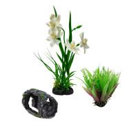 Декор для аквариума, растения искусственные, Нарцисс и Рео покрывальчатое, бочка грот для рыб и рептилий