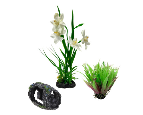 Декор для аквариума, растения искусственные, Нарцисс и Рео покрывальчатое, бочка грот для рыб и рептилий