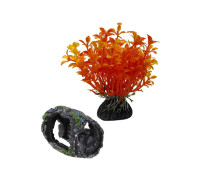 Декор для аквариума, растение искусственное Людвигия оранжевая и бочка грот для рыб и рептилий