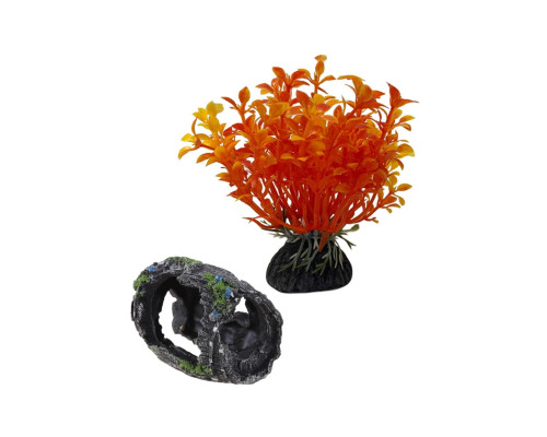 Декор для аквариума, растение искусственное Людвигия оранжевая и бочка грот для рыб и рептилий