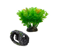 Декор для аквариума, растение искусственное Людвигия зеленая и бочка грот для рыб и рептилий