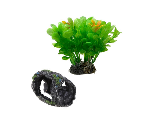 Декор для аквариума, растение искусственное Людвигия зеленая и бочка грот для рыб и рептилий