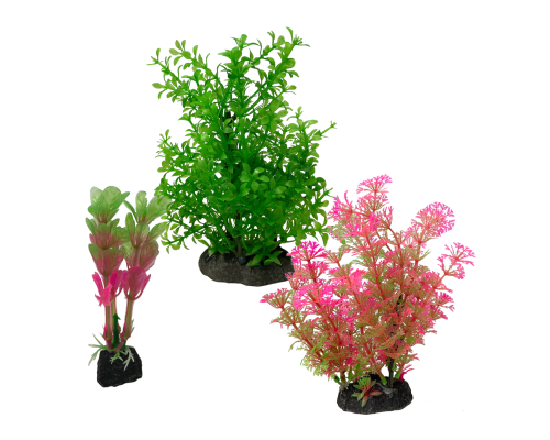 Декор для аквариума, растения искусственные, Альтернантера розовая, Амбулия розово-зеленая и Прозерпинака