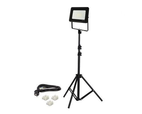 Светодиодный строительный прожектор 30 Вт с кабелем 3 м и клеммами на быстросъемном адаптере и штативе JBH