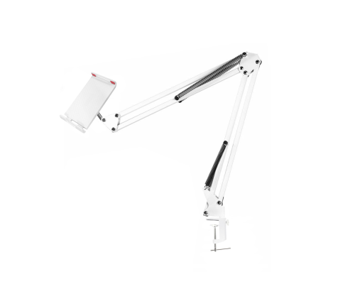 Настольная стойка белая, пантограф MNW18 с держателем телефона или планшета до 18 см на усиленной струбцине