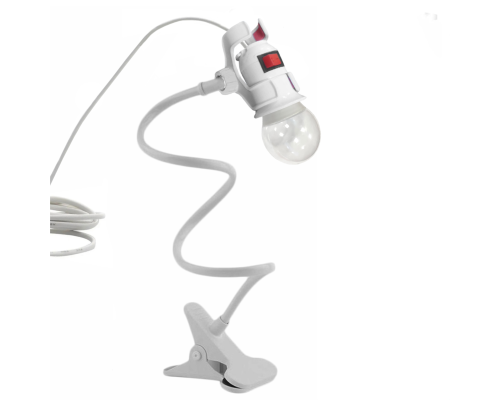 Светильник патрон c фитолампой 12 Вт и проводом 3,8 м на гибком держателе с пластиковым зажимом для стола, белый