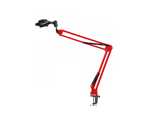 Настольная стойка, пантограф NB-35R красный, с усиленной черной струбциной и держателем микрофона паук P1