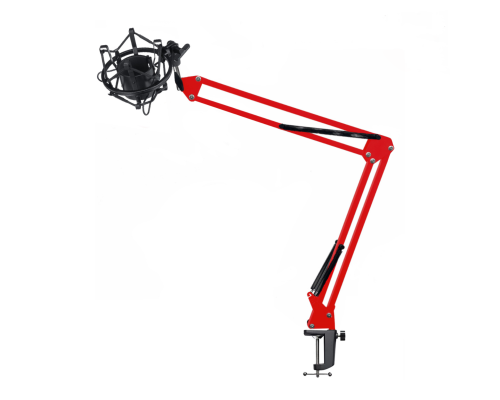 Настольная стойка, пантограф NB-35R красный, с усиленной черной струбциной и держателем микрофона паук P2
