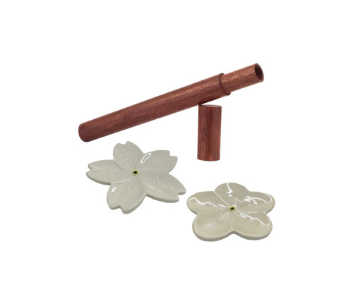 Комплект для благовоний: деревянный тубус 24 см для хранения и 2 керамические подставки PBW-03 и PBW-02