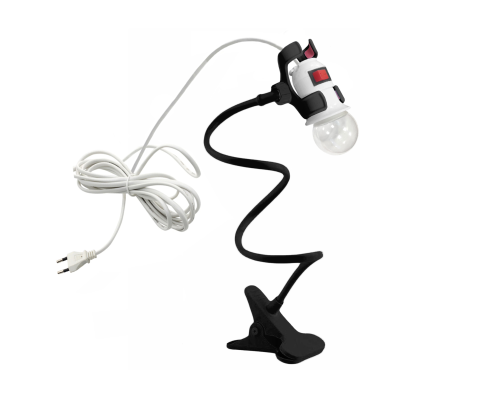 Светильник патрон c фитолампой 12Вт с выключателем и кабелем на гибком черном держателе с пластиковым зажимом