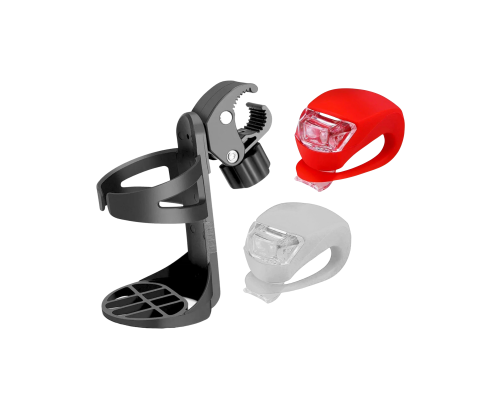 Фонари велосипедные, белый и красный, и подстаканник на руль