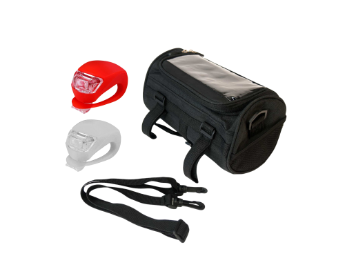Фонари светодиодные, белый и красный, и велосумка VB-02 на руль велосипеда