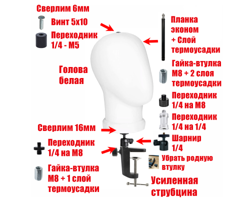 Манекен головы белый безликий на усиленной струбцине SH-US