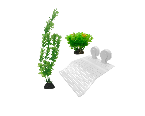 Мостик для черепахи на присосках и растения искусственные, декор для аквариума и террариума, Людвигия зеленая и Перистолистник зелёный