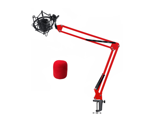 Настольная стойка, пантограф NB-35R красный, с усиленной черной струбциной, держателем микрофона паук P2 и красной ветрозащитой