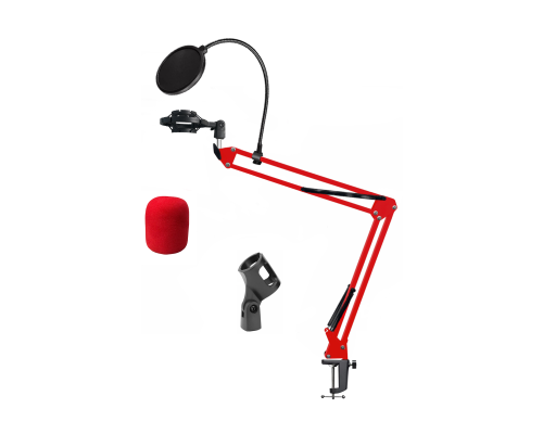 Настольная стойка NB-35R-PP10V для микрофона красный пантограф с держателем паук P1, поп-фильтром 10 см и красной ветрозащитой