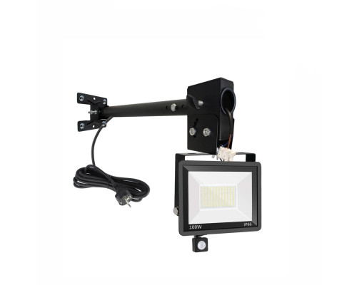Прожектор 100 Вт с датчиком движения, кабелем 3м и клеммами на кронштейне DN02-PRJ для подсветки фасада, баннера, гаража