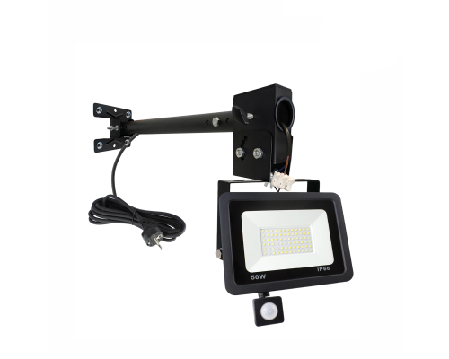 Прожектор 50 Вт с датчиком движения, кабелем 1,5м и клеммами на кронштейне DN02-PRJ для подсветки фасада, баннера, гаража