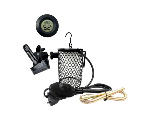 Светильник с защитной решеткой и диммером на прищепке PR1 и термометр гигрометр для террариума