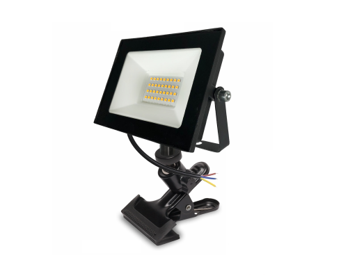 Светодиодный строительный прожектор 30 Вт 3000K, теплый свет, на металлической прищепке PR1