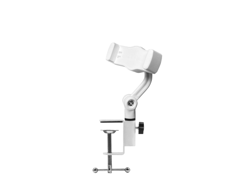 Держатель белый для телефона с регулировкой угла наклона и поворота на белой струбцине