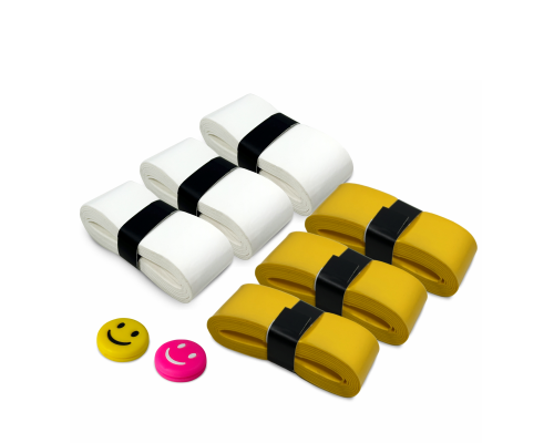 Намотки для ракетки, 110*2,5 см, цвет желтый и белый, по 3 шт и амортизаторы желтый и розовый