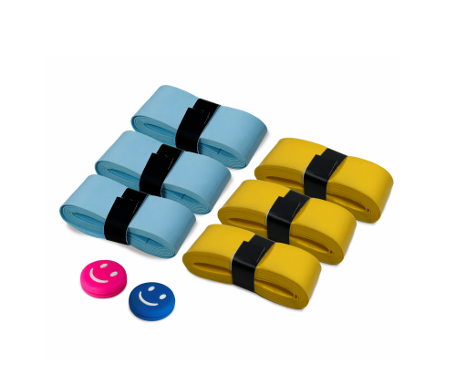 Намотки для ракетки, 110*2,5 см, цвет голубой и желтый по 3 шт и амортизаторы синий и розовый